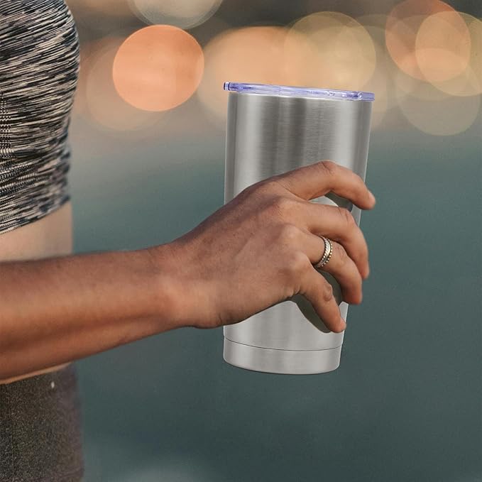 20 oz Tumbler Coffee Travel Tumblers Bulk with Lid Stainless Steel Double Wall Vacuum Insulated Mug Powder Coated Cups fit Car Cupholder for Hot and Cold - Stainless Steel, 1Pack