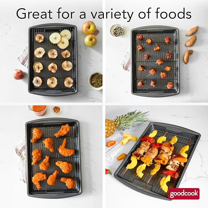 GoodCook 15” x 10.5” Nonstick Carbon Steel Baking Pan & Raised Wire Rack – Pizza Crisper,Crispy Bacon,Multipurpose Cooking Sheet Pan,Cooling Rack,Kitchen Cookware Set,Dishwasher Safe,(Pack of 12)