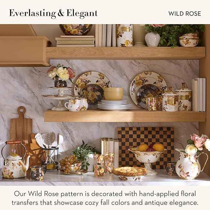 MACKENZIE-CHILDS Enamel Utensil Holder, Stylish Kitchen Countertop Organizer, Wild Rose White