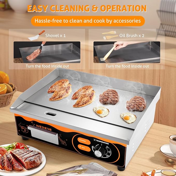 WICHEMI 22" Electric Grill Commercial Countertop Griddle Flat Top Grill Hot Plate Non-Stick Stainless Steel Teppanyaki Grill for Restaurant Kitchen, 110V 3000W