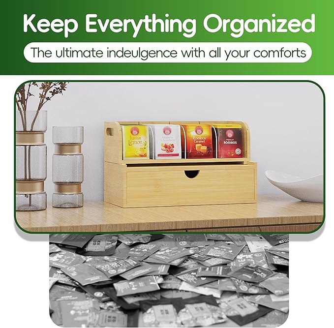 Bamboo Tea Organizer – Stackable Collection (1Tier w/Drawer）