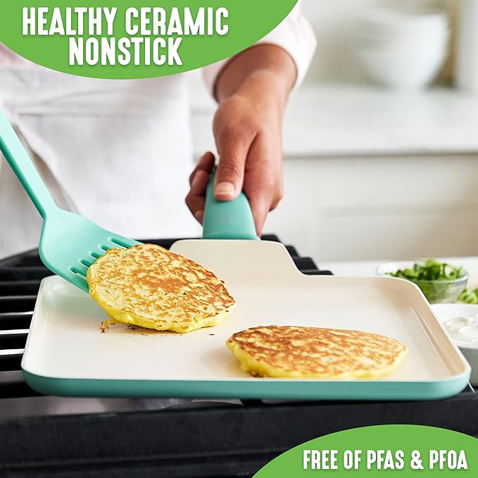 GreenLife Soft Grip Healthy Ceramic Nonstick, 11" Griddle Pan, PFAS-Free, Dishwasher Safe, Turquoise
