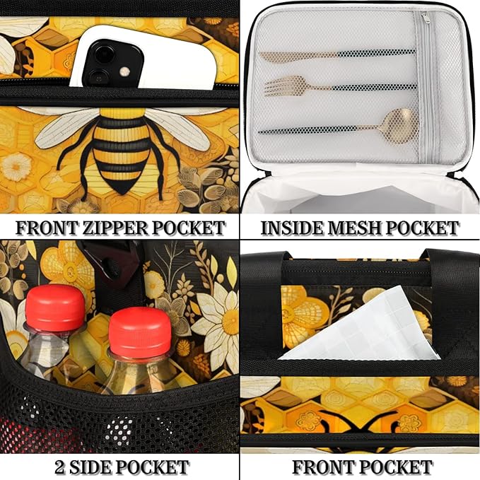 Pardick Lunch Box for Men Heavy Duty Insulated Lunch Bag for Women Honey Bee Lunchbox for Adults Lunch Cooler Bag for Work, Picnic, Beach Lunch Boxes with Adjustable Shoulder Strap