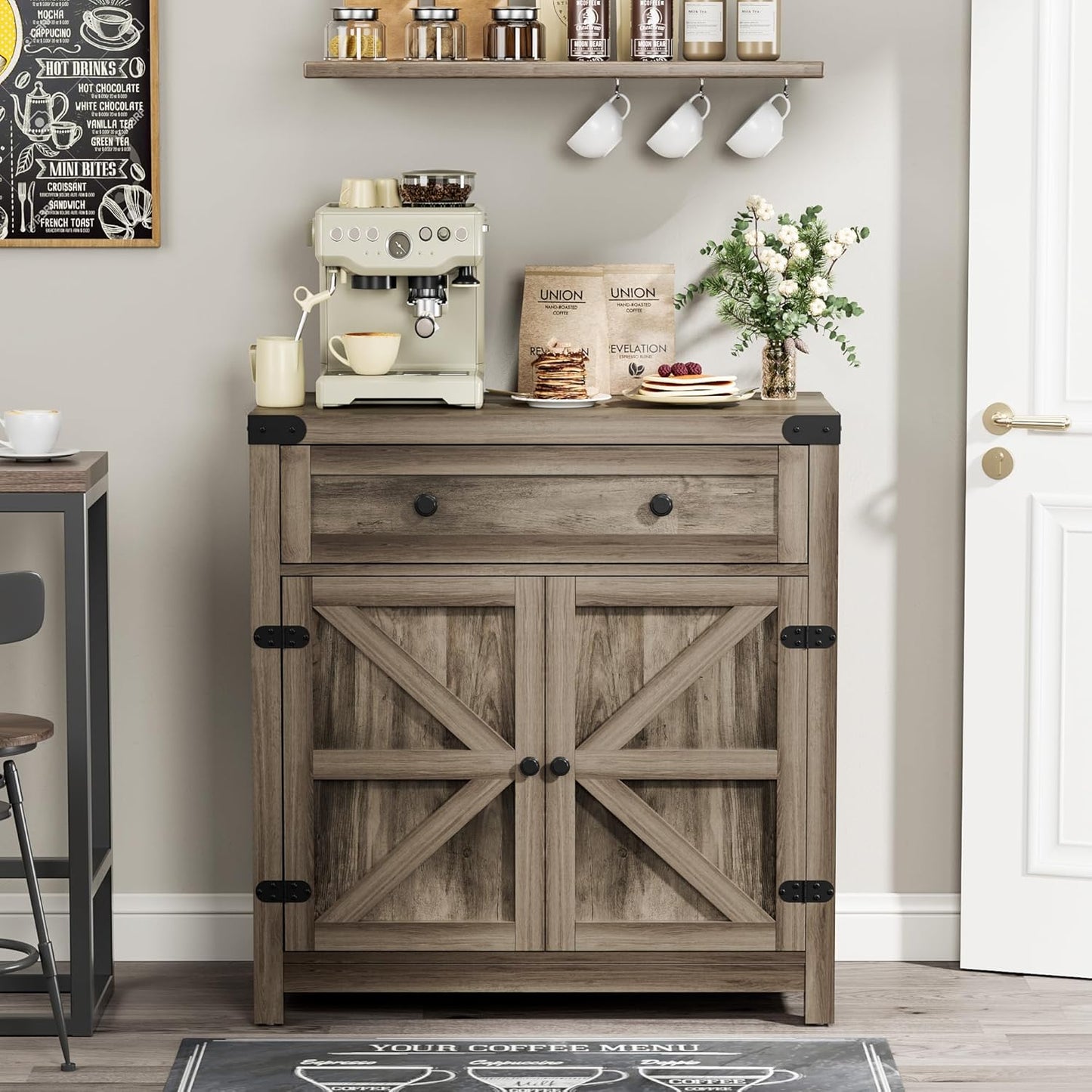 YESHOMY Farmhouse Coffee Bar Cabinet Sideboards, with Barn Doors, Spacious Drawer, Adjustable Interior Shelf, Generous Top Surface, for Kitchen, Bathroom, Entryway, Living Room, Pure Rustic