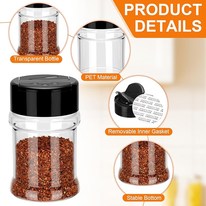 100 Pcs Plastic Spice Jars with 2 Sides Flip Cap Clear 2 Oz Seasoning Containers Empty Spice Bottles Small Seasoning Jars with Shaker Lid for Kitchen Storage Herbs and Powders (Black Cap)