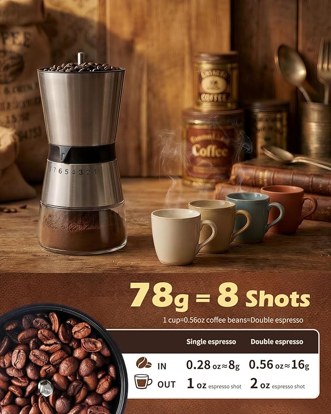 78g Large Capacity Manual Coffee Grinder with Handle Crank, Conical Ceramic Burr Mill, Adjustable Grind Settings, Glass Jar, Handheld Coffeegrinder for Home Use,Travel, Camping, Quiet and Portable