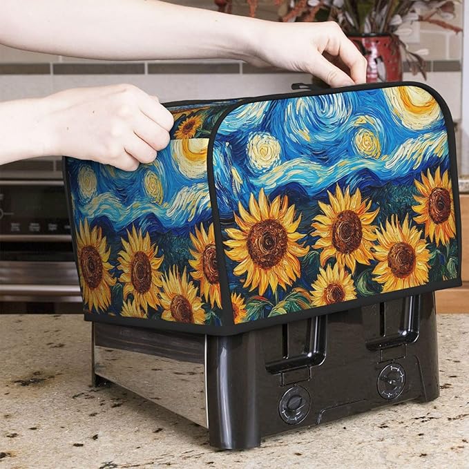 Starry Sky Sunflower Covers for Toasters 4 Slice,Cute Funny Bread Machine Cover with Handle,Washable Stain Resistant Kitchen Small Appliance Cover Dining Decor