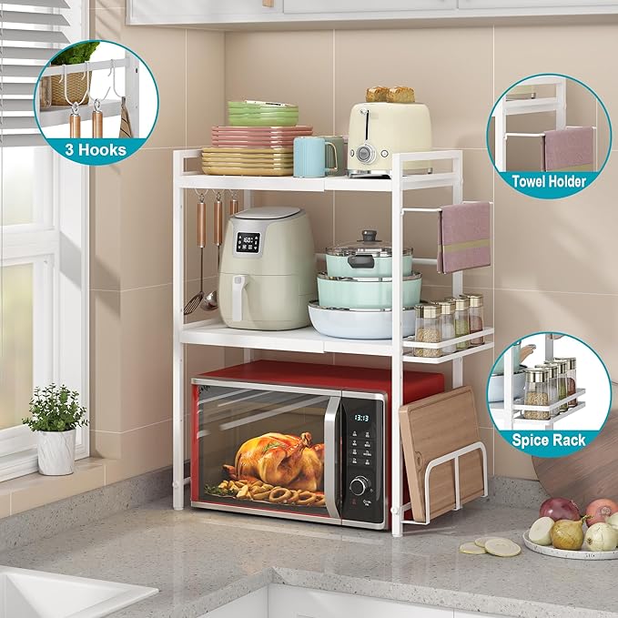 DOLALIKE Microwave Oven Rack, Expandable Microwave Stand Kitchen Countertop Organizer Utensils Storage, Carbon Steel Over Microwave Shelf with 3 Hooks (White, 3 Tier- With Storage)