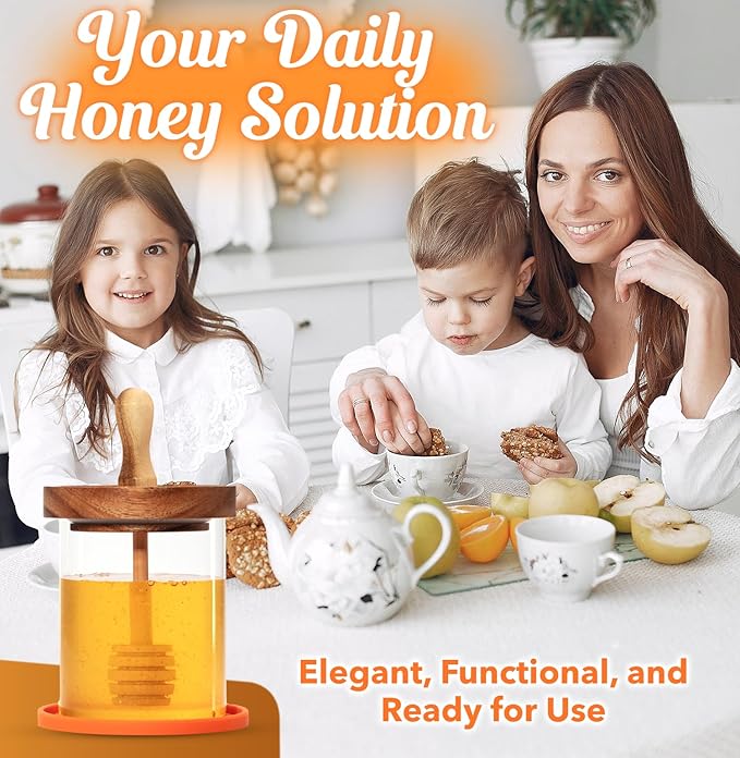 CLEVLI 12 oz Honey Jar Set with Silicone Mat, 2 Extra Dippers, Airtight Wooden Lid, & Custom Gift Box | Glass Container Honey Pot for Honey & Syrup | Durable & Stylish Kitchenware