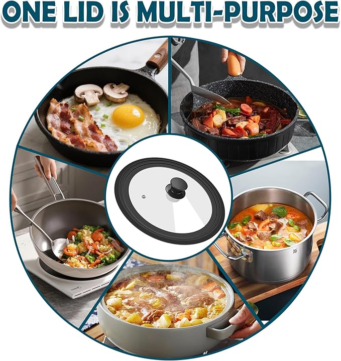 Universal Lid for Pots Pans and Skillets, 9.5&10.5&11.5 inch, Diameter Cookware, Silicone Replacement Pan Lid Pot Lids for Frying Pans, Cast Iron,Tempered Glass Lid