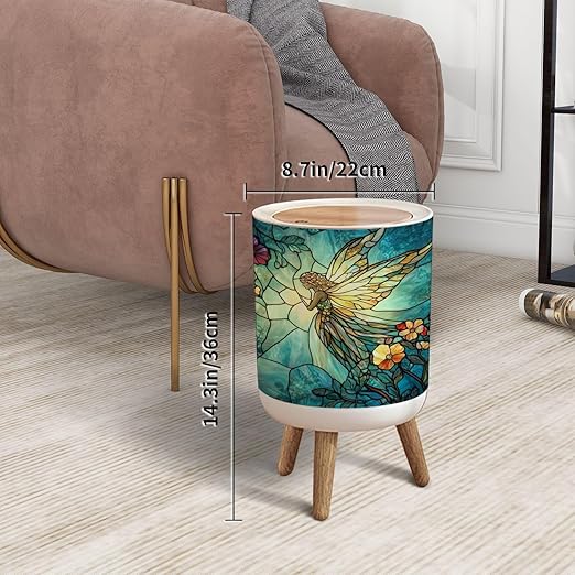 Trash Can with Lid Fairyland Stained Glass Art Opalescent Fairy Press Top Round Small Garbage Bin with Wooden Legs Waste Basket for Kitchen Bedroom Nursery 7L/1.8 Gallon