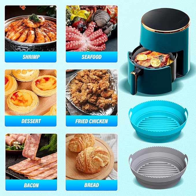 2Pcs Air Fryer Silicone Liners with Divider Trays, silicone Non-Stick Air Fryer Basket Bowl, Collapsible Pot Oven Liner Backing Tray, Air Fryer Inserts Used for Kitchen Oven (Gray & Blue)