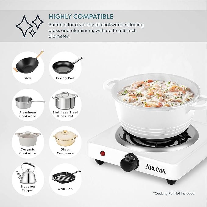 AROMA® 6" Single Burner Hot Plate, Compact & Portable with Temperature Control, White (AHP-511)