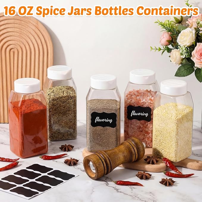Mifoci 28 Pack 16 oz Plastic Spice Jars with Cap Square Plastic Bottle Containers with Shaker Lids and Stickers Large Seasoning Shaker Empty Powder Storage Container for Storing Salt Herbs (White)