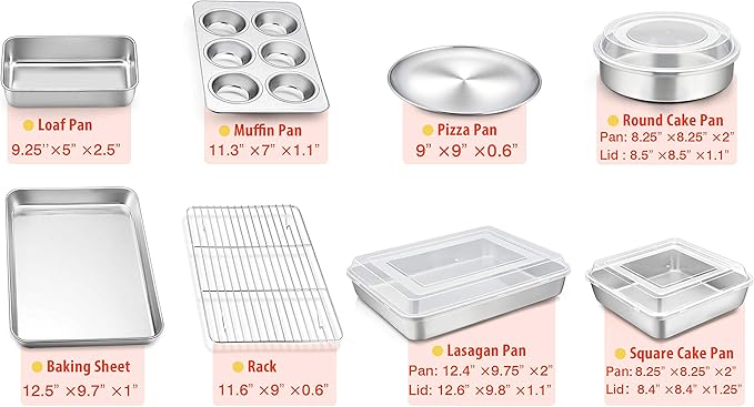 TeamFar Bakeware, Stainless Steel Bakeware Set with Baking Sheet and Rack, Lasagna Pan with Lid, Square & Round Cake Pan with Lid, Muffin Pan & Loaf Pan, Pizza Pan, Healthy & Dishwasher Safe