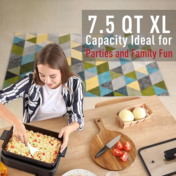 Electric Skillet, Techwood 7.5-Quart 2-in-1 Versatile Multi-Cooker with 5-Level Heat Settings, Come with Removable Non-stick Skillet Pan& Cooking Pot, Dishwasher Safe, 1500W, Black (Black)