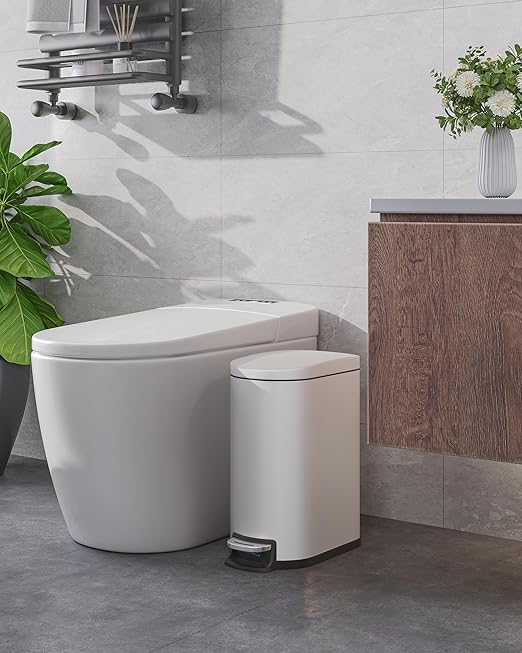 GarveeHome 2.6 Gallon Bathroom Trash Can, Space-Saving Slim Stainless Steel Step-On Garbage Bin with Soft Close Lid, Removable Inner Bucket for Bathroom & Bedroom, White