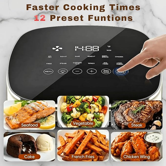 Airfryer 12-in-1,Large Air Fryer 6QT, Square Airfryers Non Toxic, Cooking, Fries, Custard, Chicken Wings, Sea Food, Vegetabels, Nonstick & Easy-Clean Basket, Beige