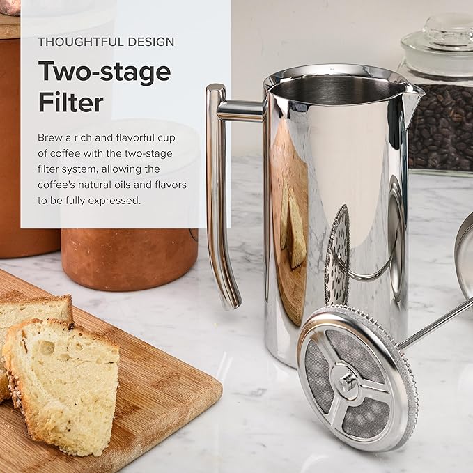 Frieling Double-Walled Stainless-Steel French Press Coffee Maker, Polished, 23 Ounces