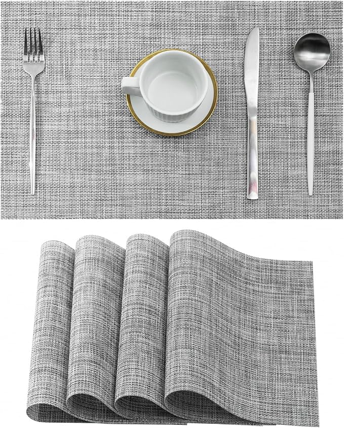 Leetaltree Linen Grey Placemats Set of 4 - Heat Resistant Non-Slip Place mats for Dining Table, Washable Durable PVC Vinyl Woven Table Mats（Linen Grey, 4）