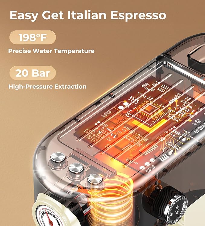 atatix 20 Bar Espresso Machine with Milk Frother, Compact Espresso Maker, Stainless Steel Coffee Machine with Precise Temp Control & 44oz Removable Water Tank for Latte, Cappuccino, Creamy White
