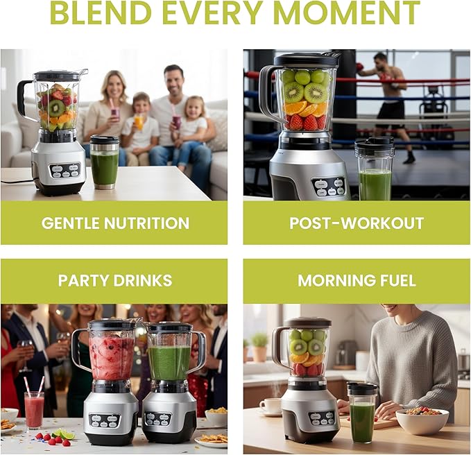 Simple Deluxe Smoothie Blender, 1200W Powerful Countertop Blenders for Kitchen, 60 oz Capacity Blender for Smoothies with BPA-Free Portable Cups, Ice Crushing, Juices, Shakes and Sauces, Silver