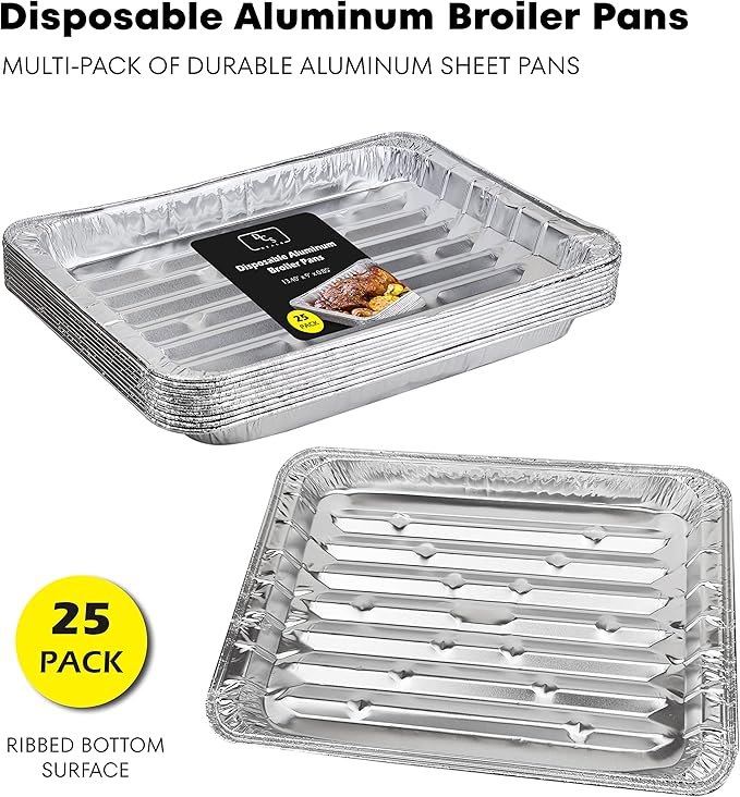 Pack of 25 Disposable Aluminum Broiler Pans – Good for BBQ, Grill Trays – Multi-Pack of Durable Aluminum Sheet Pans – Ribbed Bottom Surface - 13.40" x 9" x 0.85"