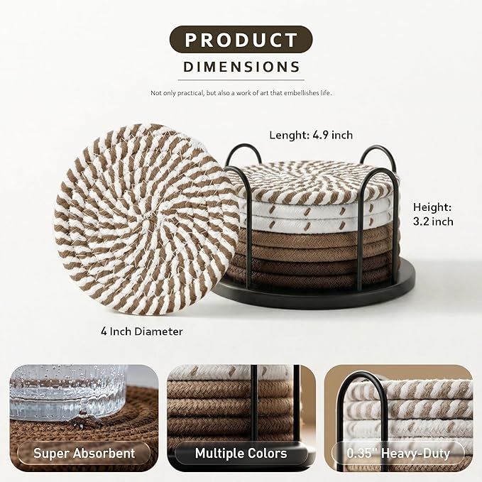 Lazebox Coasters Set of 8 for Drinks, 4 Inch Large Coasters for Coffee Table, Tabletop Protection for Hot & Cold Drinks, Versatile Coasters for Home Decor, Non-Slip & Easy to Clean
