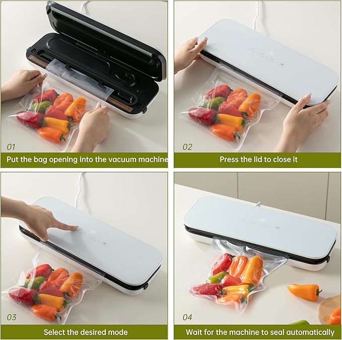 THETCHRY Vacuum Sealer For Food,6-In-1 Food Sealer Machine with 20 Large Vacuum Bags,Built-In Water Tank&Cutter,Powerful Low- Noise Food Saver with Glass Touch Screen,White