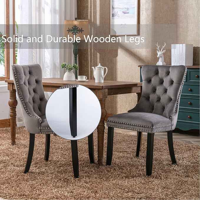 Grey Velvet Dining Chairs Set of 2, Upholstered Dining Room Chairs with Back Ring Pull Trim and Solid Wood Legs,Tufted Wingback Kitchen Chairs for Dining Room,Living Room,Kitchen(Grey)