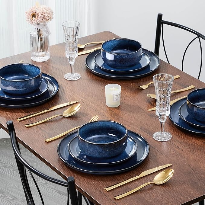 E-far Dinnerware Sets for 2, 6-Piece Stoneware Plates and Bowls Set, Ceramic Dishes Reactive Glaze Dinning Ware, Microwave & Dishwasher Safe - Deep Sea Blue