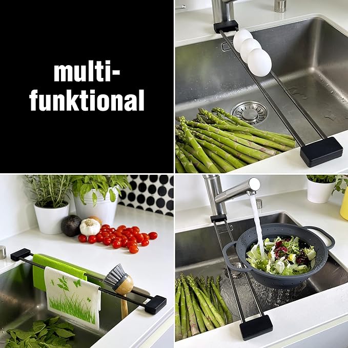 Sanni Shoo drip.line Pure Black - Versatile and Adjustable Kitchen Rack Drip Tray for Dishcloths, Brushes, and Bottles - Hygienic Storage - Made of Stainless Steel and Silicone