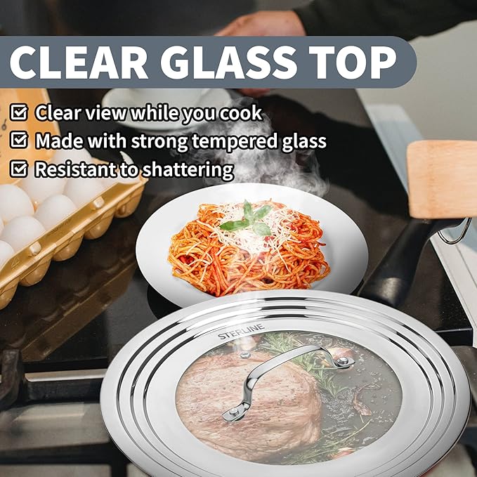 Large Universal Lid,Fits 8 -12 Inch Cookware,Tempered Glass Top with Steam Vent for Pots, Frying Pan,Stainless Steel Replacement Pot Lid for Kitchen Organizing, Space Saving