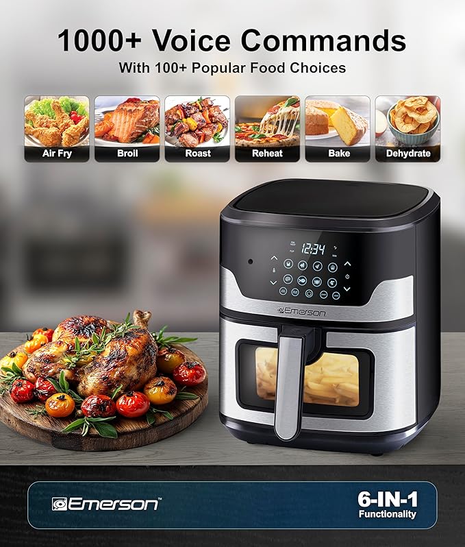 Emerson SmartVoice 5.3QT Air Fryer, 1000+ Voice Commands, 6-in-1 Digital Cooker, Compact Countertop Design, Oil-Free Healthy Cooking, Easy-Clean Nonstick Basket, 1500W