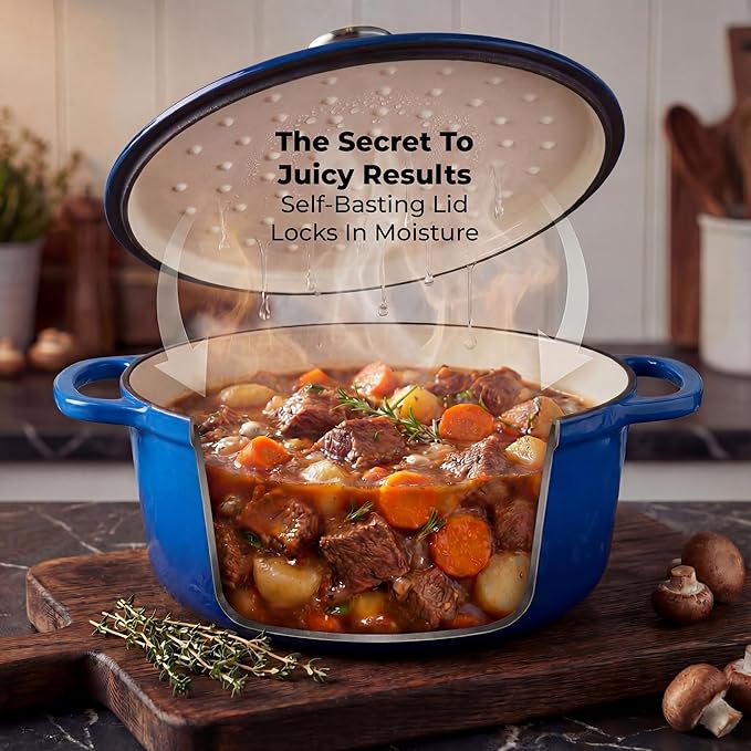 Zulay Kitchen 6 Quart Enameled Cast Iron Dutch Oven Pot with Lid – Premium Durability & Oven Safe up to 500°F – Heavy Duty Cookware Perfect for Bread Baking, Stews, Braising & Roasting - Blue