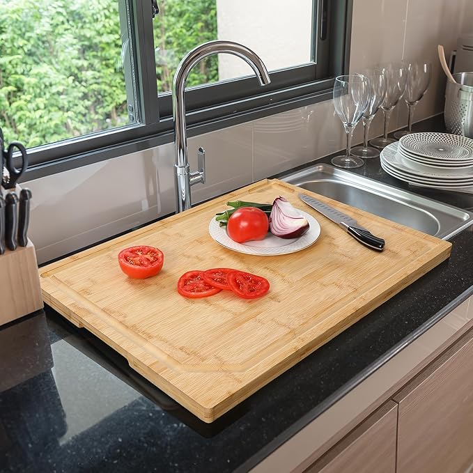 24 x 18 Extra Large Bamboo Serving Boards for Kitchen, Heavy Duty Wood Butcher Block Chopping Board with Handle and Juice Groove for Meat, Large Charcuterie Board, Over the Sink Cutting Board