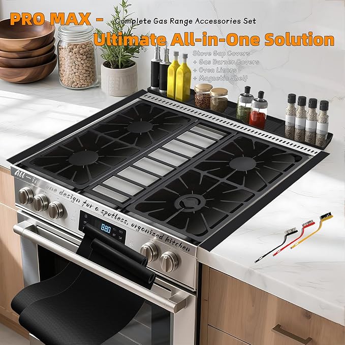 Stove Gap Covers Stainless Steel 2PC(0.08"–0.7"W,13.8"–27.5"L)+4PC Gas Burner Covers+2PC Oven Liners+30"(2x15") Silicone Magnetic Stove Shelf|Universal Gas Stove Accessory Bundle Bonus 3 Brushes