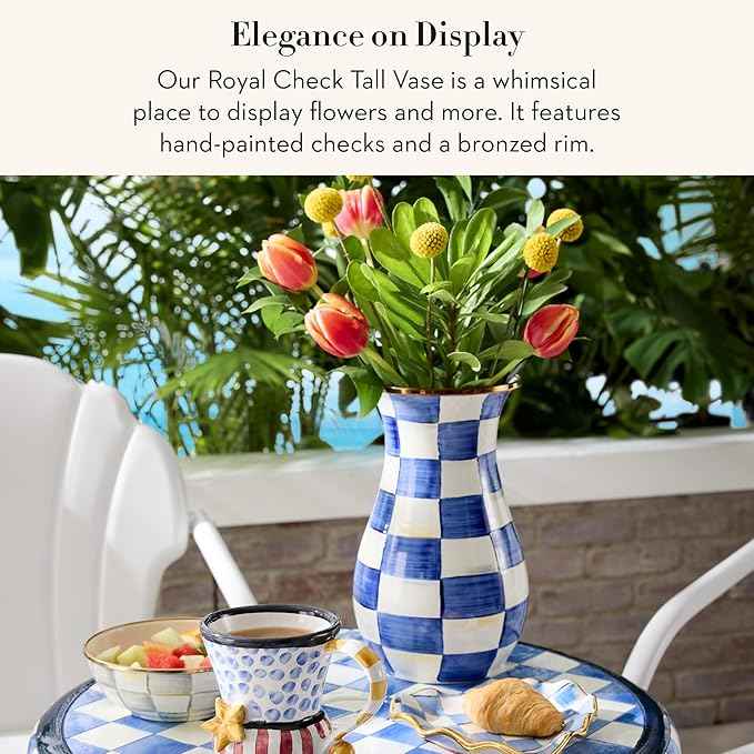 MACKENZIE-CHILDS Tall Enamel Vase, Unique Flower Vase, Decorative Table Decor for Living Room, Blue-and-White Royal Check
