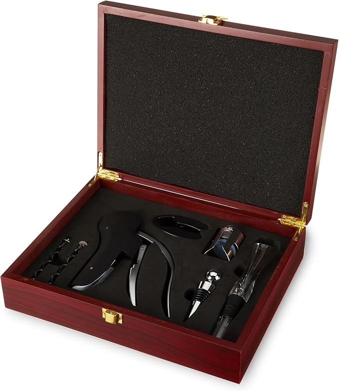 True Wine Tools Set with Cherry Stained Wooden Gift Box, Includes Lever Corkscrew, Foil Cutter, Aerator Pourer, 2 Worms, Chrome Bottle and Champagne Stopper, Home Bar Accessories, 7 Piece