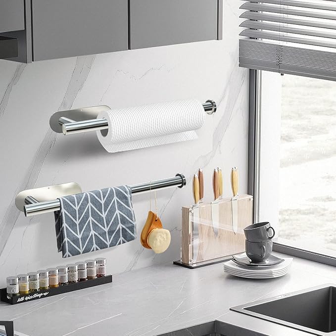DEKAVA Under Cabinet Wall Mount Paper Towel Holder, Self-Adhesive Bar, Stainless Steel 13 inch (Bright Silver, 1)