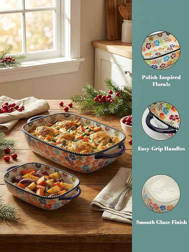 Polish Pottery Style Ceramic Baking Dish Set, 2-Piece Casserole Bakers for 2–3 People, Floral Decorative Bakeware, Oven Safe Lasagna Pan, Microwave Dishwasher Safe, Gift-Ready, Protective Packaging