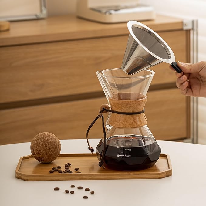 Pour Over Coffee Maker With Wood Sleeve，20oz/600mlPour Over Coffee Dripper,Pour Over Coffee Maker Set With Cork Stopper (20oz/600ml)