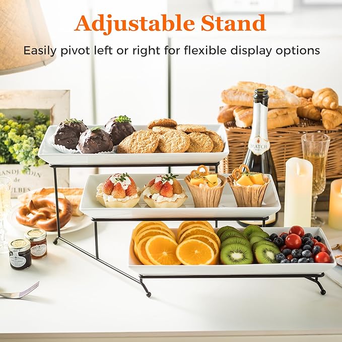 YHOSSEUN 3 Tier Serving Stand Tiered Tray Stand with 3 Porcelain Serving Platters Trays for Dessert Server Display Collapsible Sturdier Metal Rack 14 inch