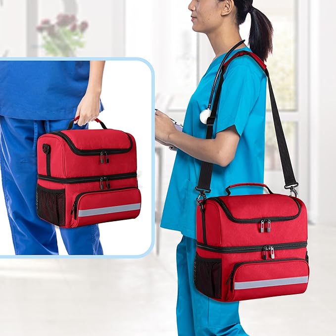 CURMIO Double Layers Medicine Storage Bag, Pill Bottle Organizer Bag with Inner Dividers, Medication Travel Bag for Vitamins, Supplements, Prescription Bottles, Medical Supplies, Red (Patent Design)