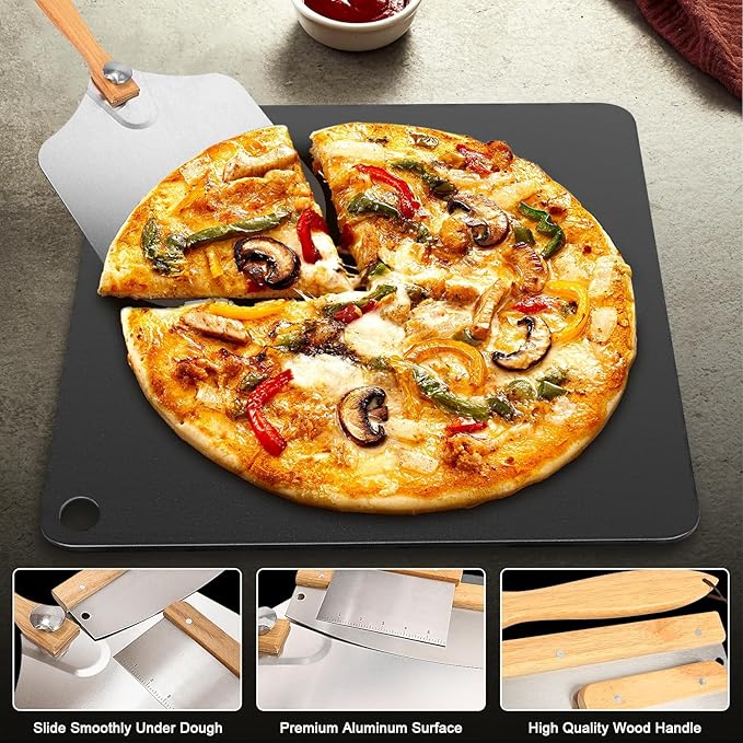 6Pcs Pizza Steel Set for Oven and Grill, 13" Square Pizza Steel for Oven, with Pizza Peel & Dough Pizza Cutter & 20pcs Cooking Paper, Cast Iron Pizza Stone/Baking Bread, Grill heat plates