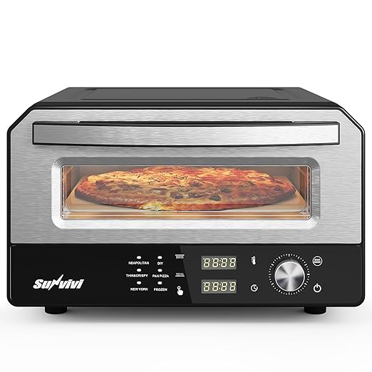 Pizza Oven Indoor Outdoor: Heats up to 750℉, Up to 12" Electric Countertop Pizza Maker with 6 Presets, Control Knob, Portable Pizza Cooker Warmer for Home, Camping, Pizza Stone, Pizza Peel