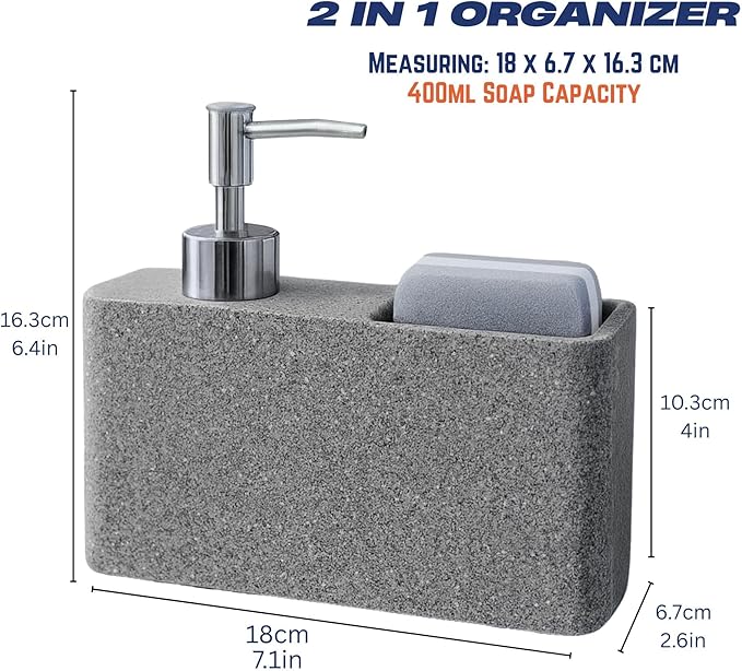 Havara Kitchen Soap Dispenser with Sponge Holder for Kitchen Sink, Hand Soap Pump & Kitchen Sink Organizer, Granite Resin Non-Slip Countertop Caddy, Stone Gray