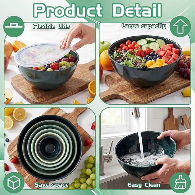 LemonRoad 6 Pcs Plastic Mixing Bowl Set with Lids Colorful Serving Bowl Nesting Storage Bowls for Kitchen, Baking, Prepping, Cooking and Serving Food, Dishwasher & Microwave Safe(Green)