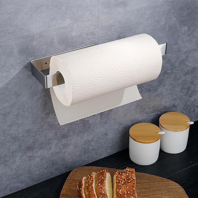 Self Adhesive Paper Towel Holder Under Cabinet Mount, 304 Stainless Steel Wall Mount Paper Towel Roll Rack for Kitchen Cabinet, Bathroom (Silver)