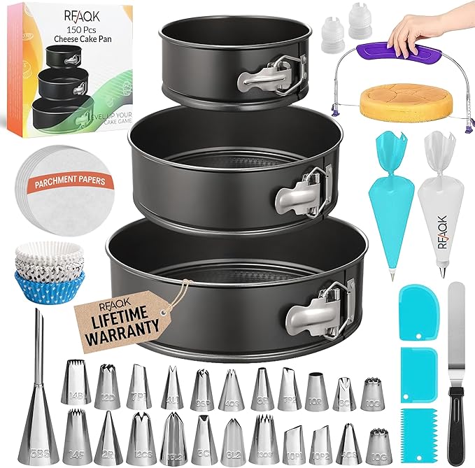 RFAQK 150PCs Cake Pan Set for Baking + Cake Decorating Supplies: 3 Round Non Stick Springform Pan Set (4, 7, 9 inches),24 Icing Tips,Cake Leveler–Multi-functional Leak-Proof Cake Pans & eBook